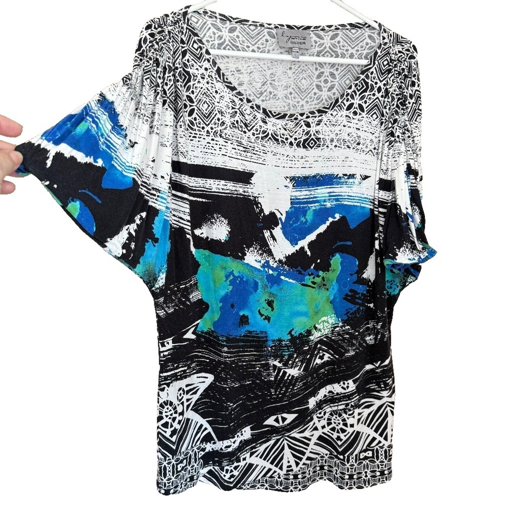 Lynn Ritchie Silver Abstract Print Top Sz L Short Dolman Sleeve Geometric Artsy
